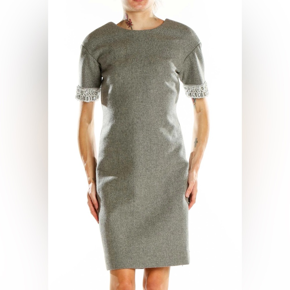 J. Crew Gray Wool Sheath Dress with Embellished Sleeves
